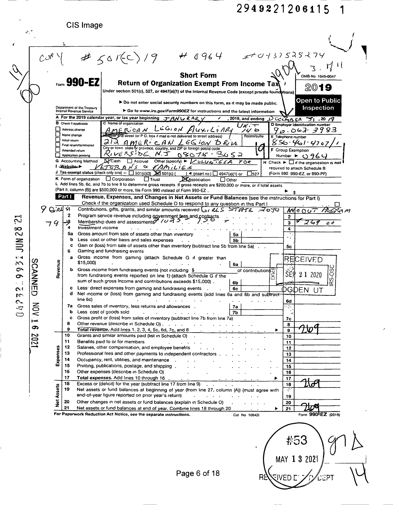 Image of first page of 2018 Form 990EO for American Legion Auxiliary Unit 146