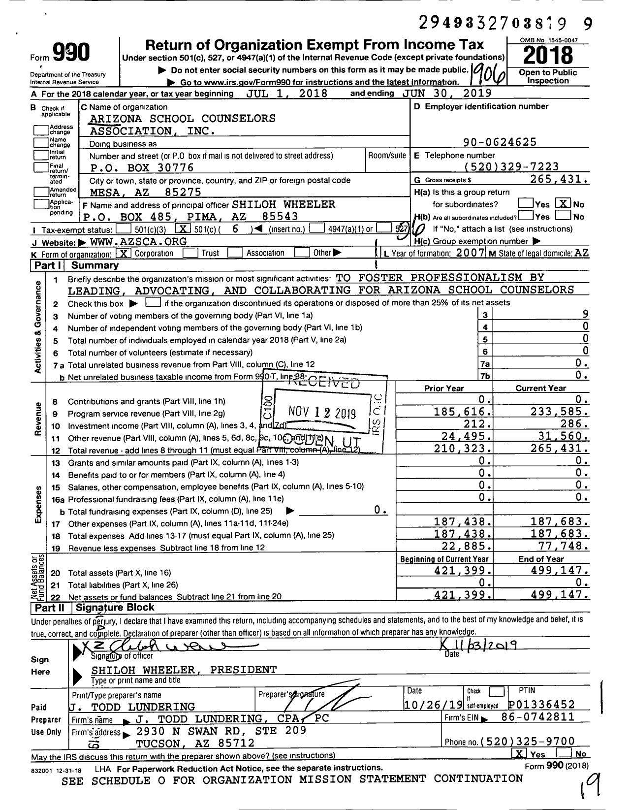 Image of first page of 2018 Form 990O for Arizona School Counselors Association