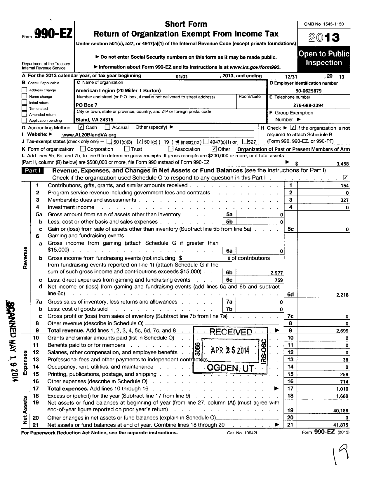 Image of first page of 2013 Form 990EO for American Legion - 20 Miller T Burton Post