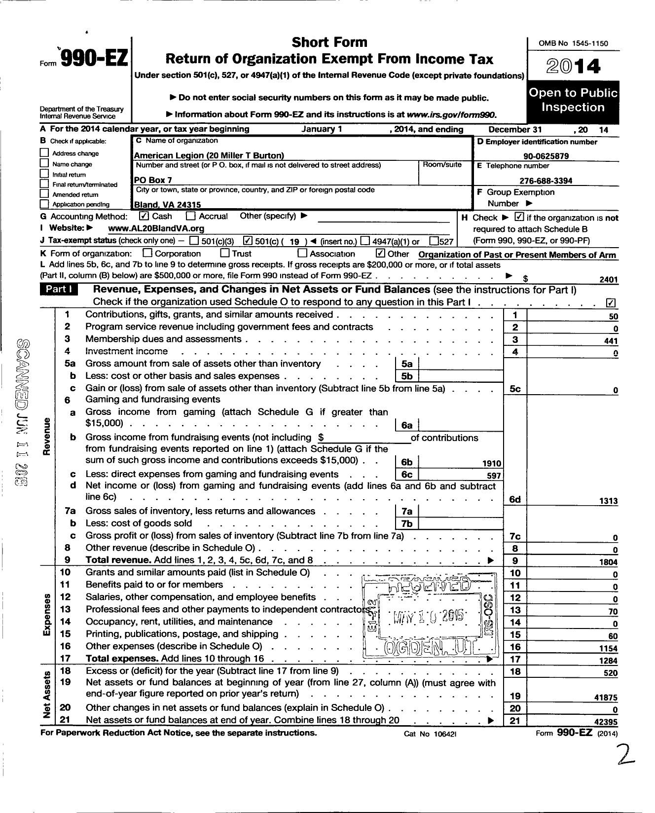 Image of first page of 2014 Form 990EO for American Legion - 20 Miller T Burton Post