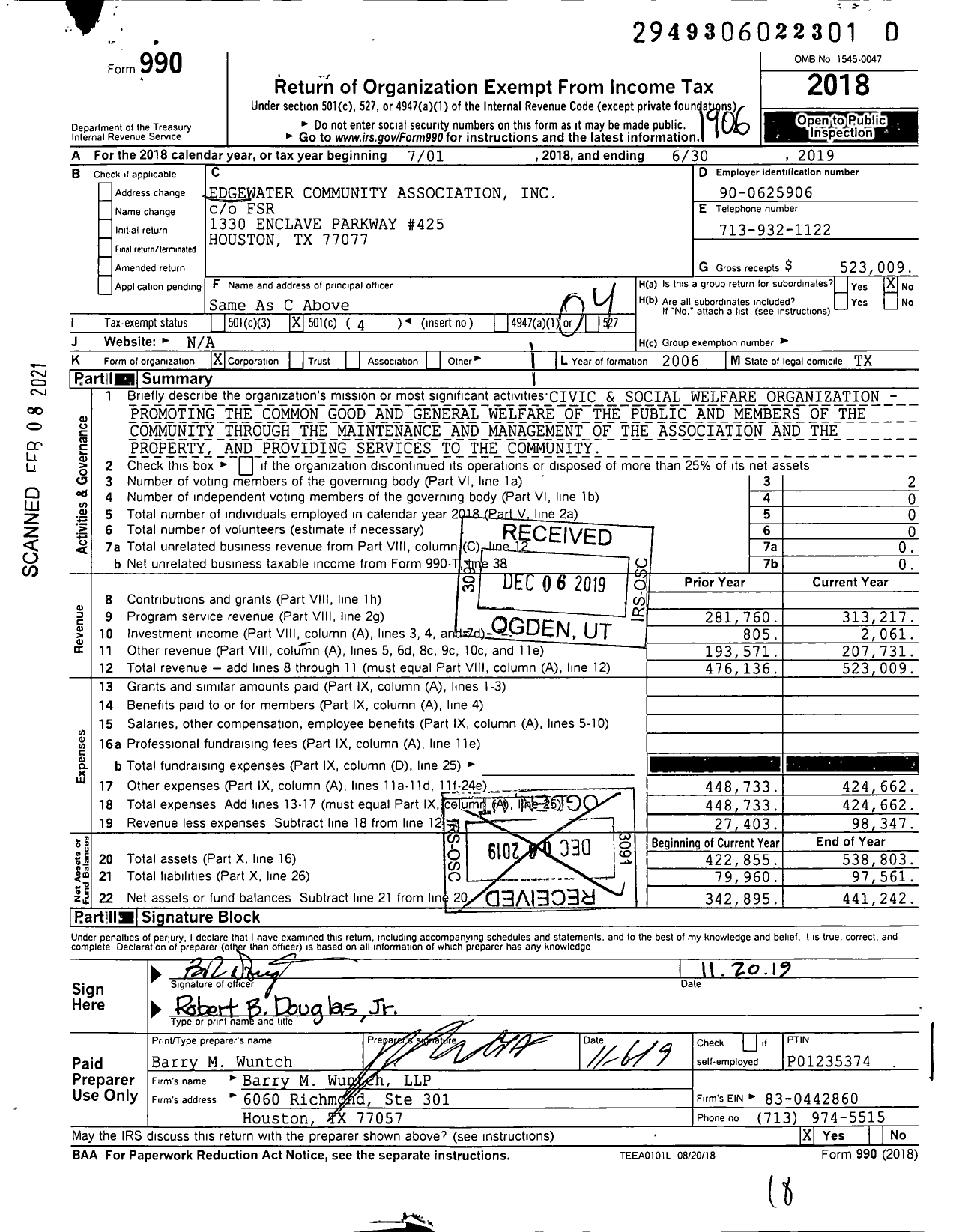 Image of first page of 2018 Form 990O for Edgewater Community Association