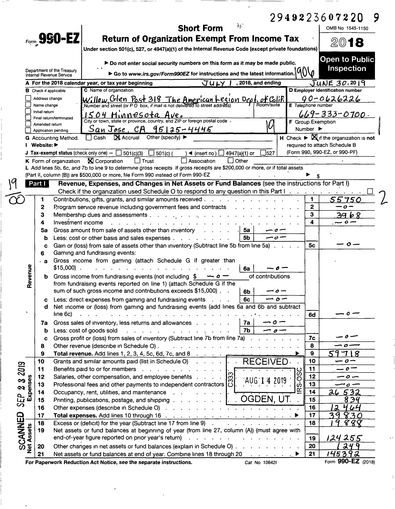 Image of first page of 2018 Form 990EO for American Legion - 318 Willow Glen Post