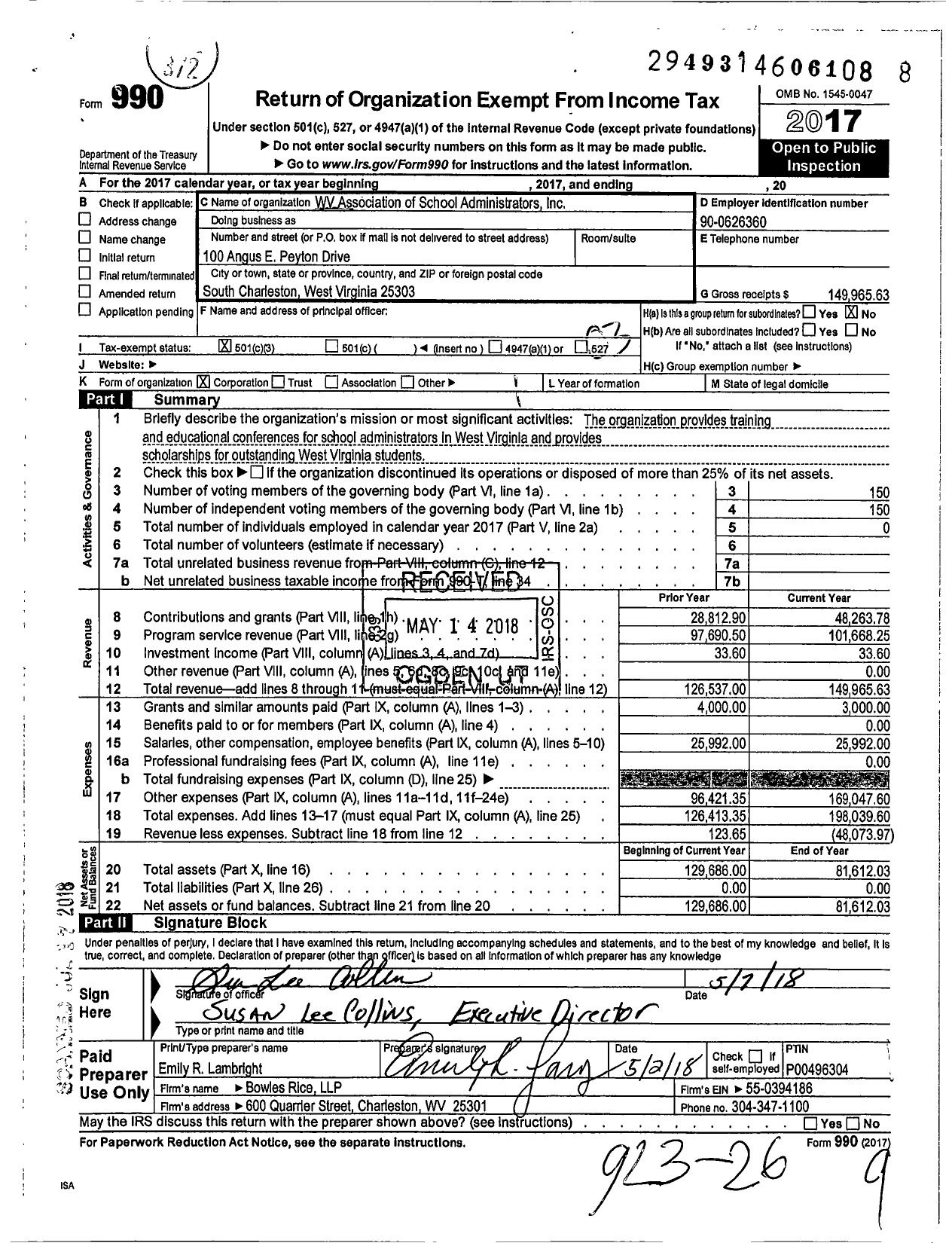 Image of first page of 2017 Form 990 for WV Association of School Administrators