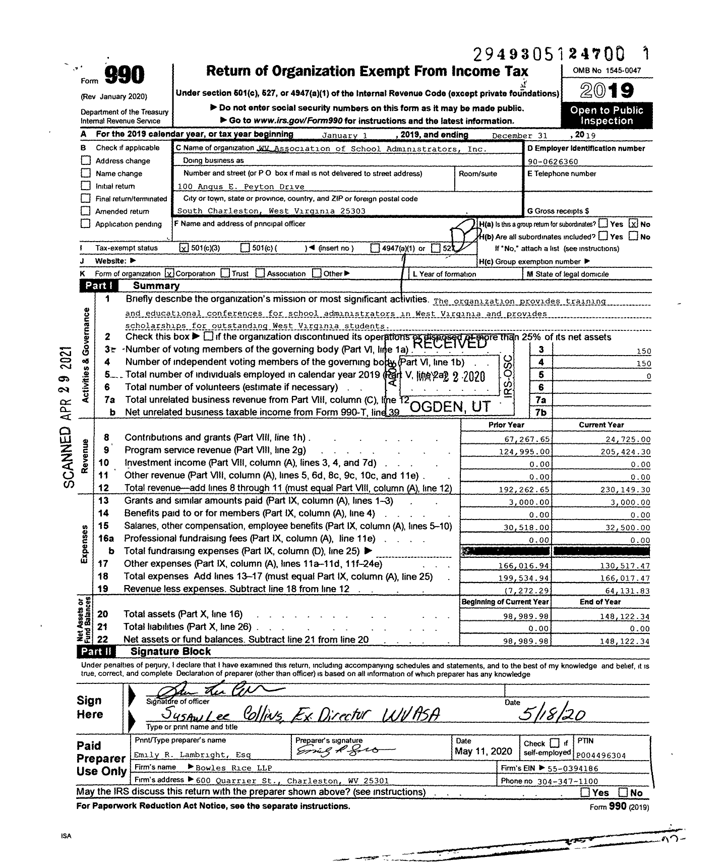 Image of first page of 2019 Form 990 for WV Association of School Administrators