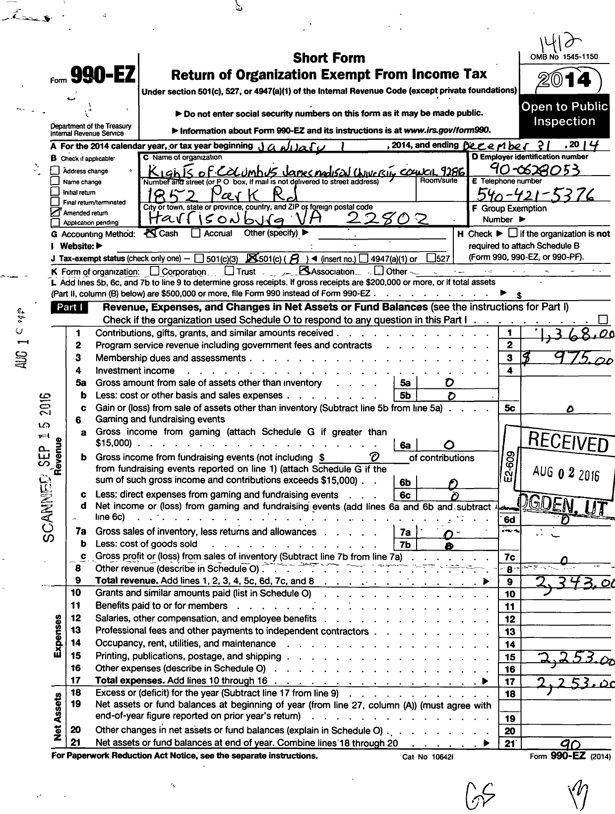 Image of first page of 2014 Form 990EO for Knights of Columbus - 9286 J Madison University Council