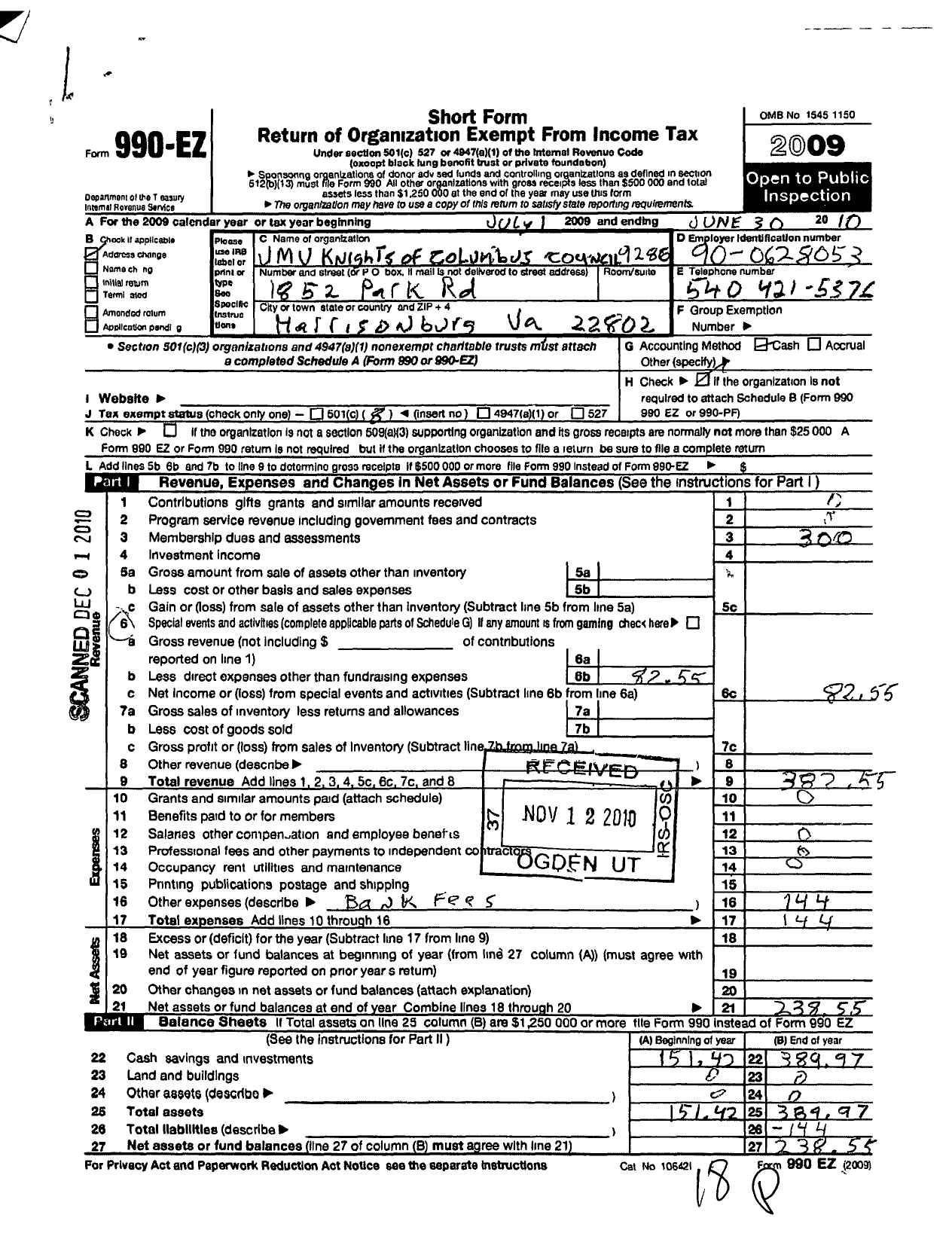 Image of first page of 2009 Form 990EO for Knights of Columbus - 9286 J Madison University Council