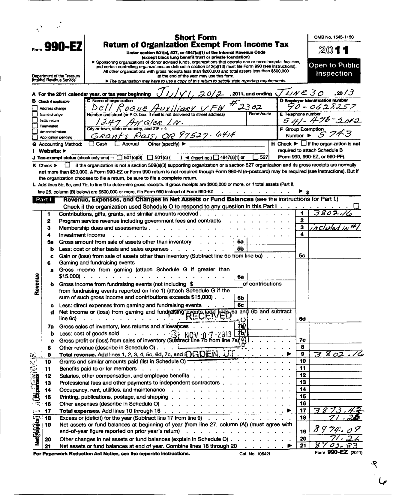 Image of first page of 2012 Form 990EO for Veterans of Foreign Wars of the United States Department of Oregon - 2302 VFW Auxiliary To Del Rogue Pos