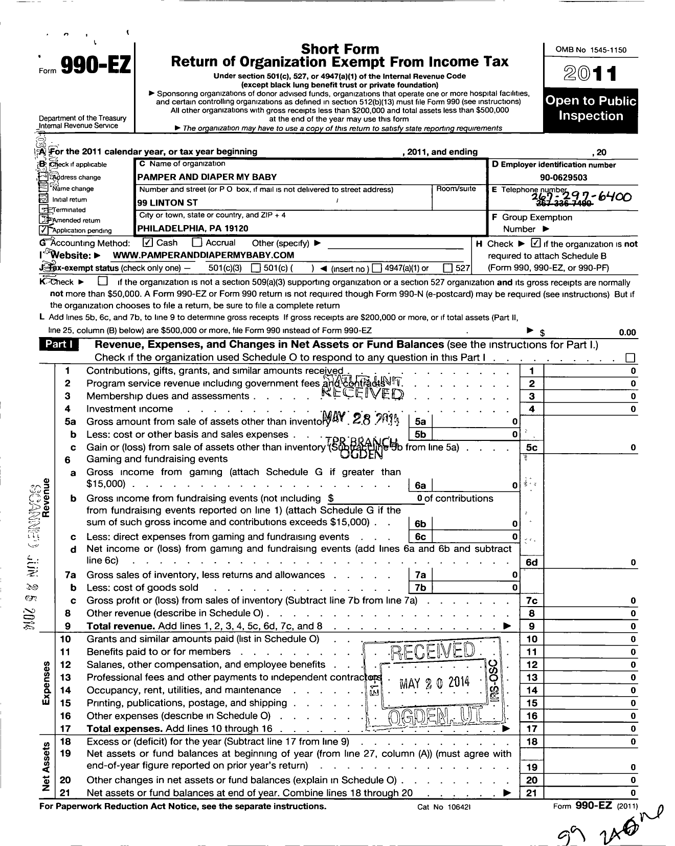 Image of first page of 2011 Form 990EO for Pamper and Diaper My Baby