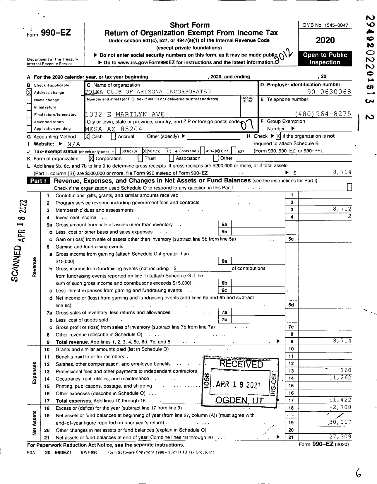 Image of first page of 2020 Form 990EO for Polka Club of Arizona Incorporated