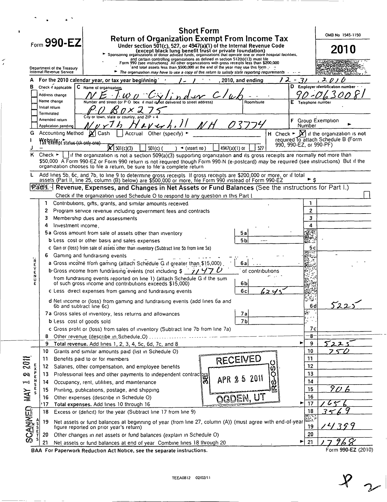 Image of first page of 2010 Form 990EZ for NE Two Cylinder Club