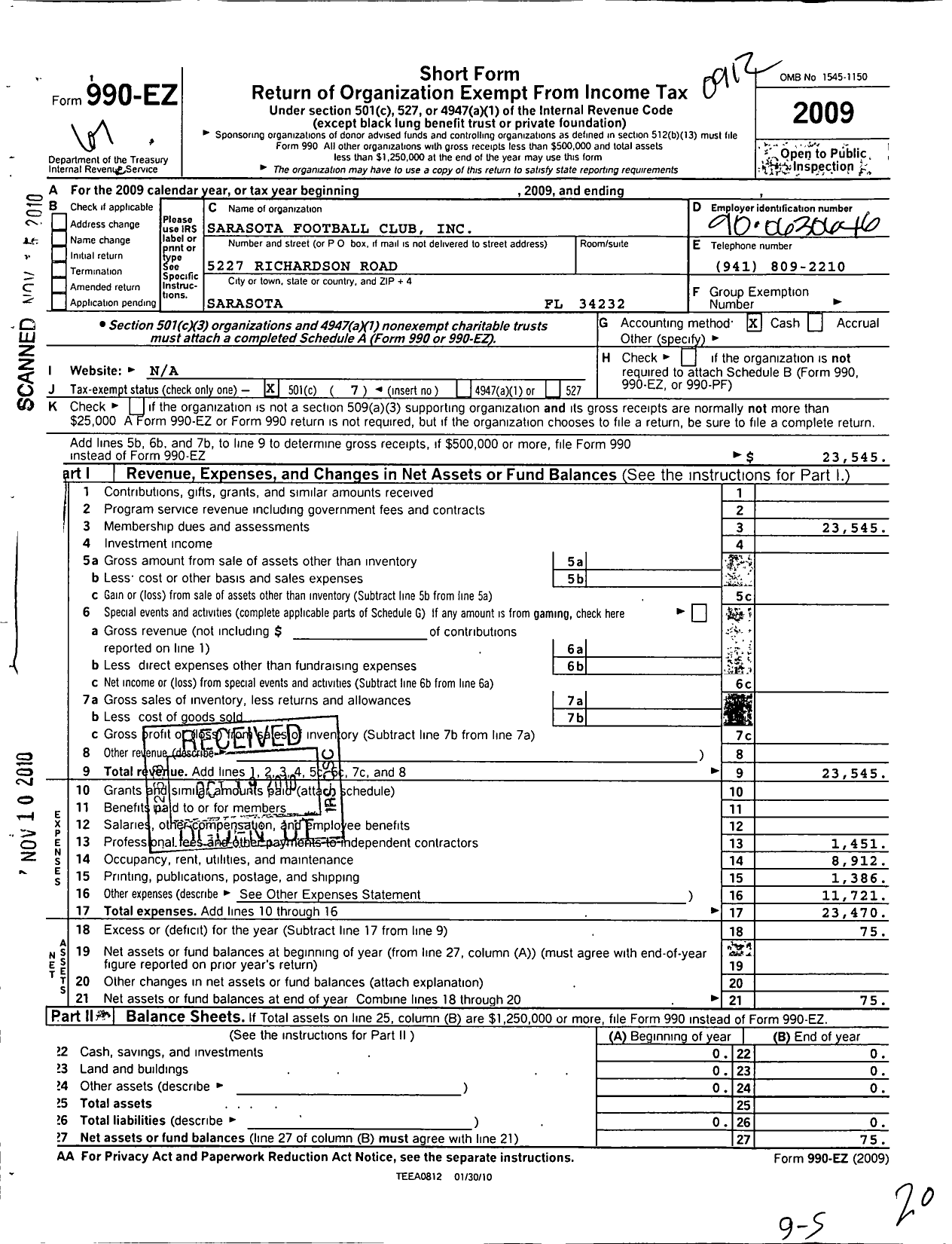 Image of first page of 2009 Form 990EO for Sarasota Football Club