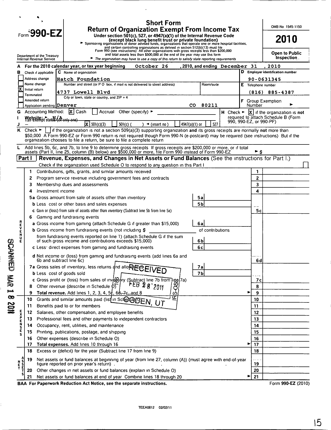 Image of first page of 2010 Form 990EZ for Hatch Foundation