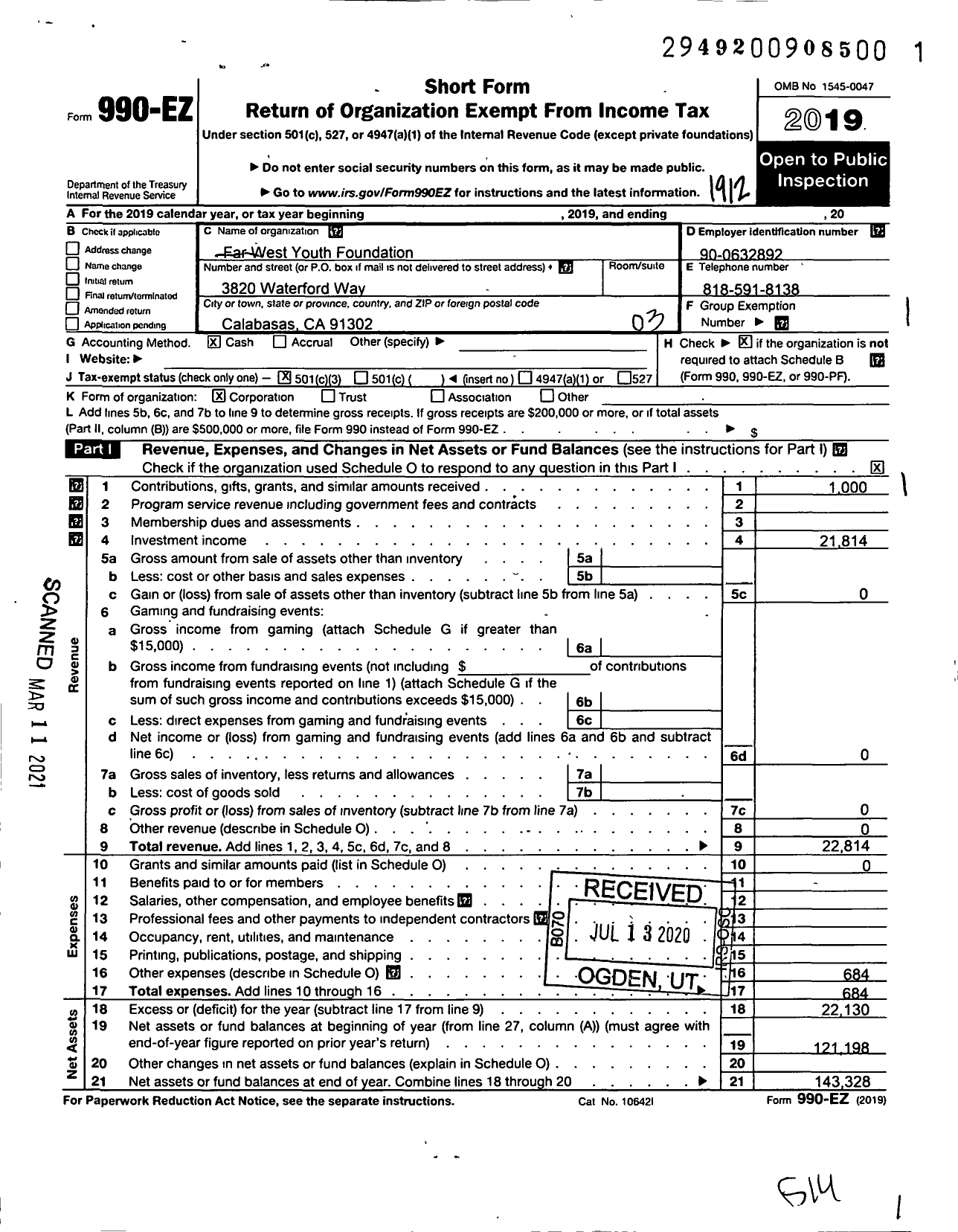 Image of first page of 2019 Form 990EZ for Far West Youth Foundation