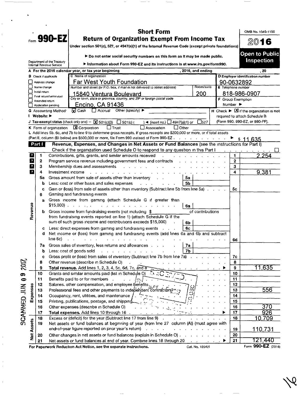 Image of first page of 2016 Form 990EZ for Far West Youth Foundation