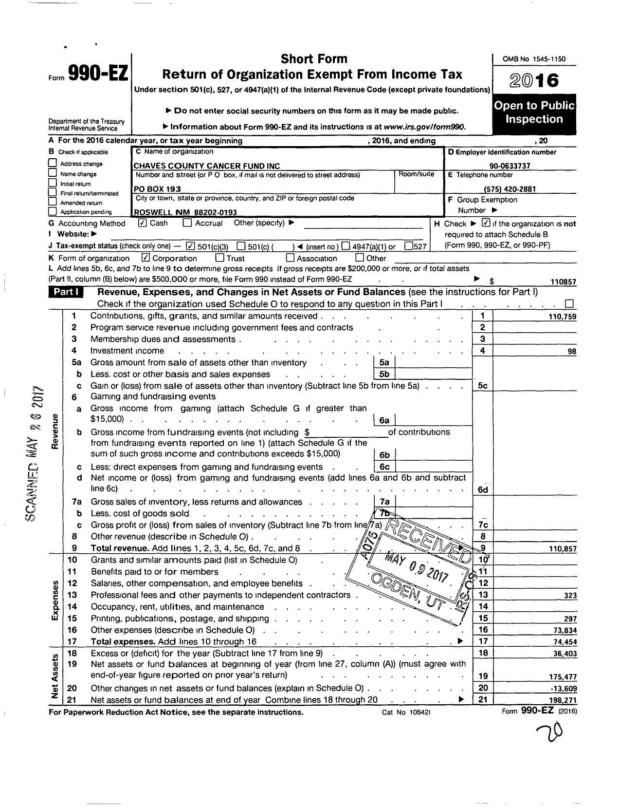 Image of first page of 2016 Form 990EZ for Chaves County Cancer Fund