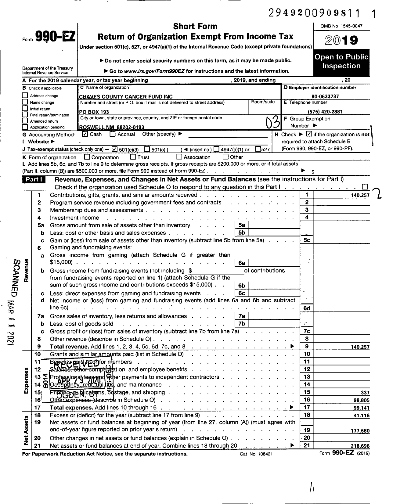 Image of first page of 2019 Form 990EZ for Chaves County Cancer Fund