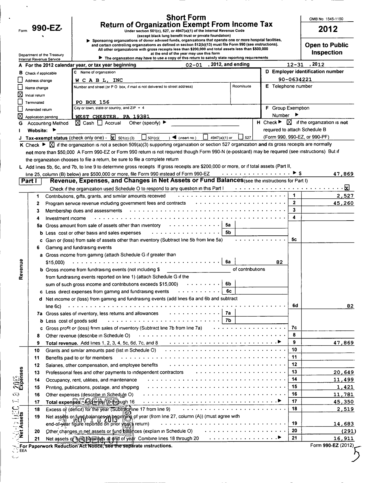 Image of first page of 2012 Form 990EZ for W C A B L (Wcabl)