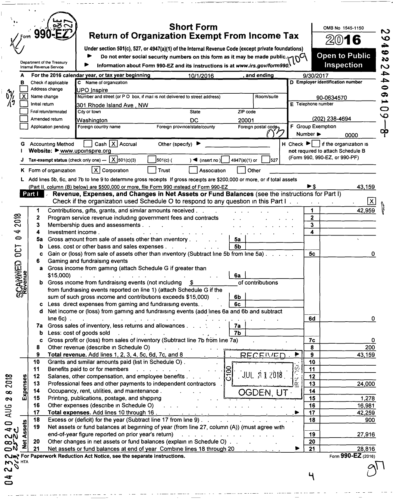 Image of first page of 2016 Form 990EZ for UPO Inspire