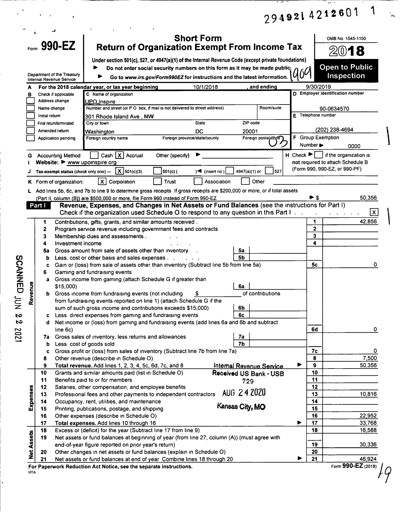 Image of first page of 2018 Form 990EZ for UPO Inspire