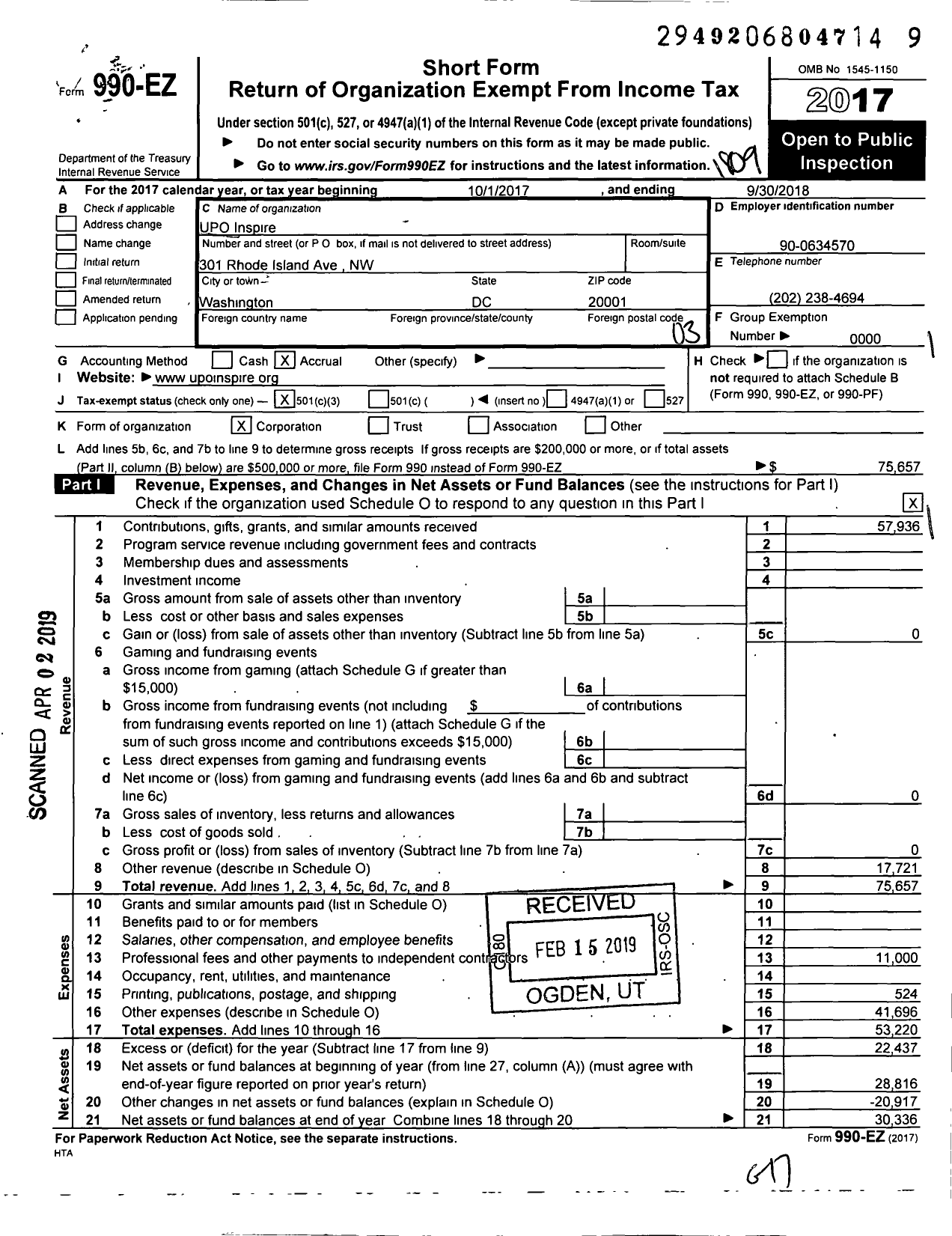 Image of first page of 2017 Form 990EZ for UPO Inspire