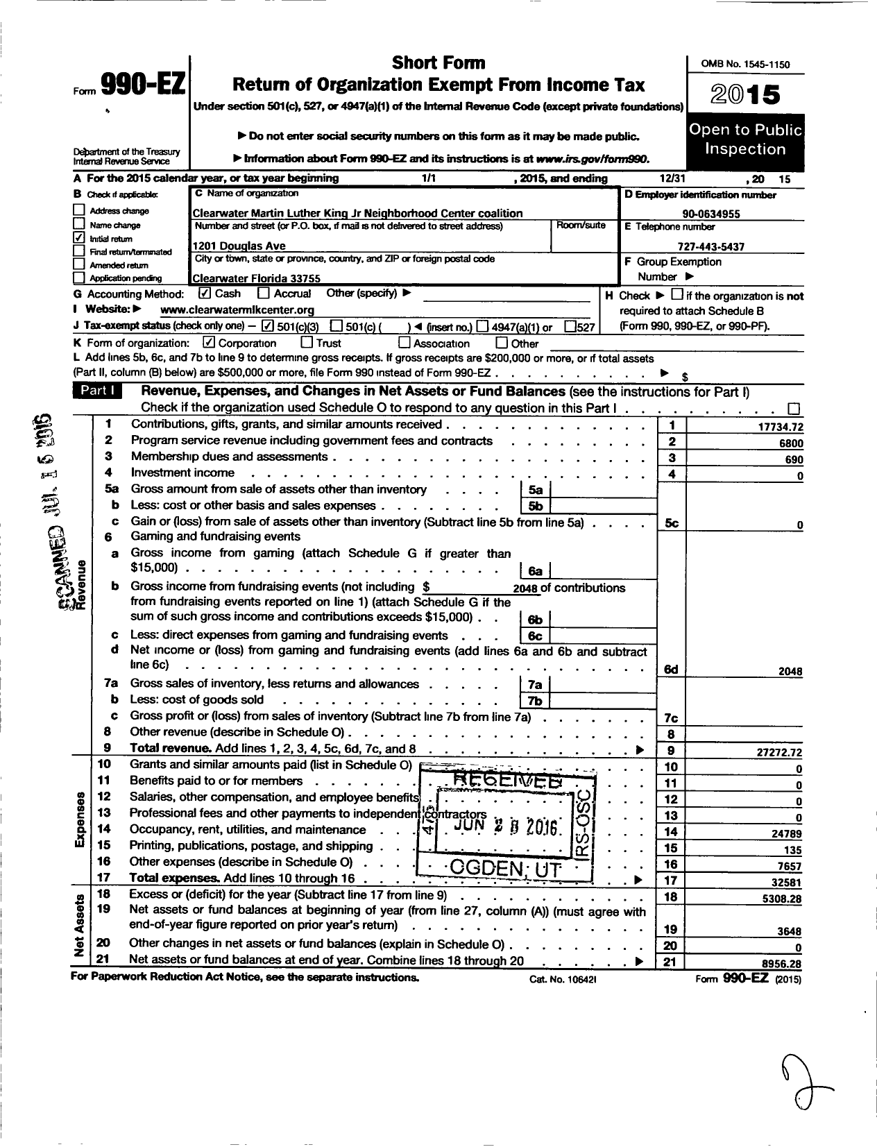 Image of first page of 2015 Form 990EZ for Clearwater MLK JR Neighborhood Center Coalition