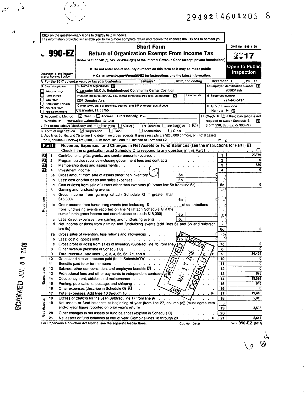 Image of first page of 2017 Form 990EZ for Clearwater MLK JR Neighborhood Center Coalition