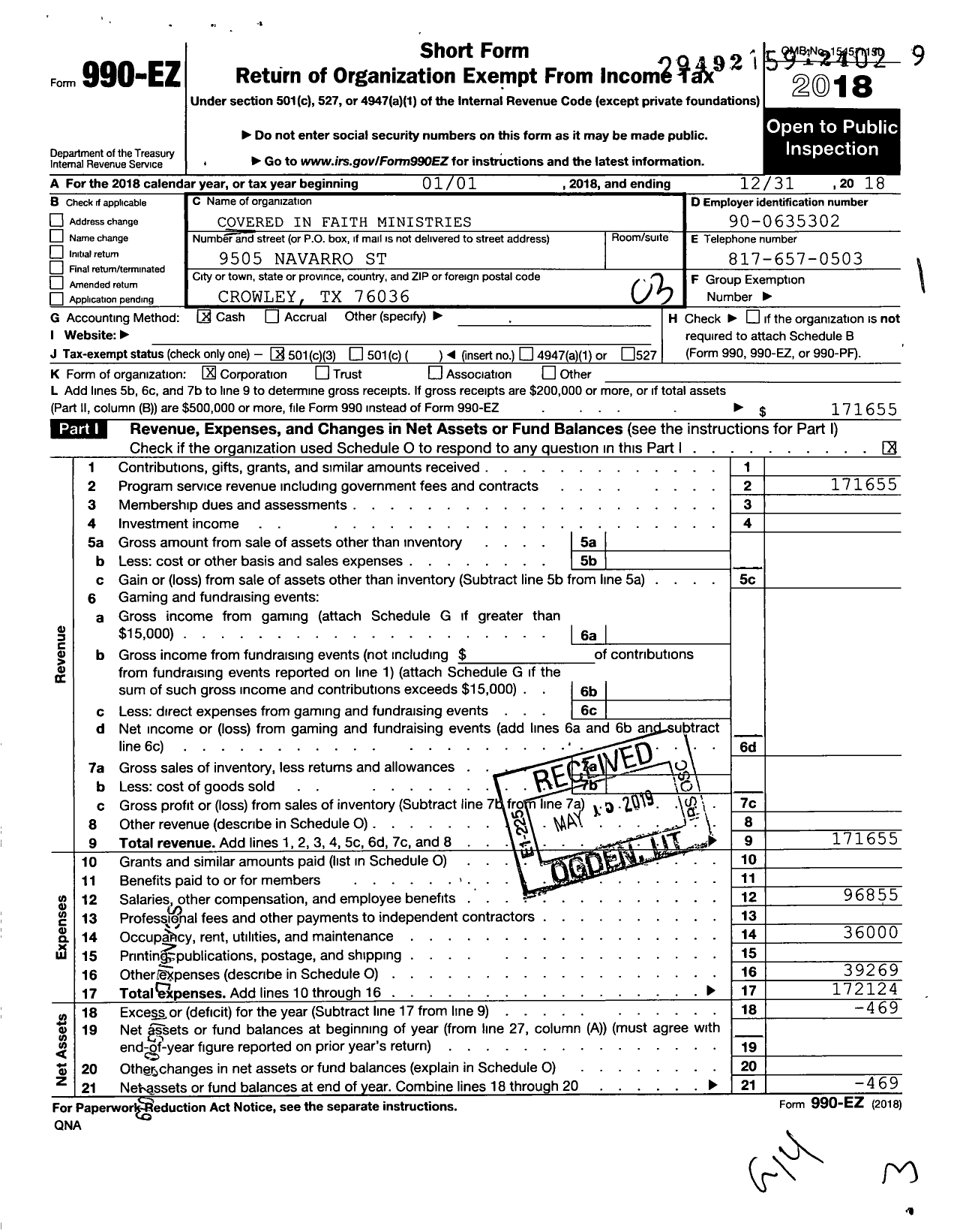 Image of first page of 2018 Form 990EZ for Covered in Faith Ministries