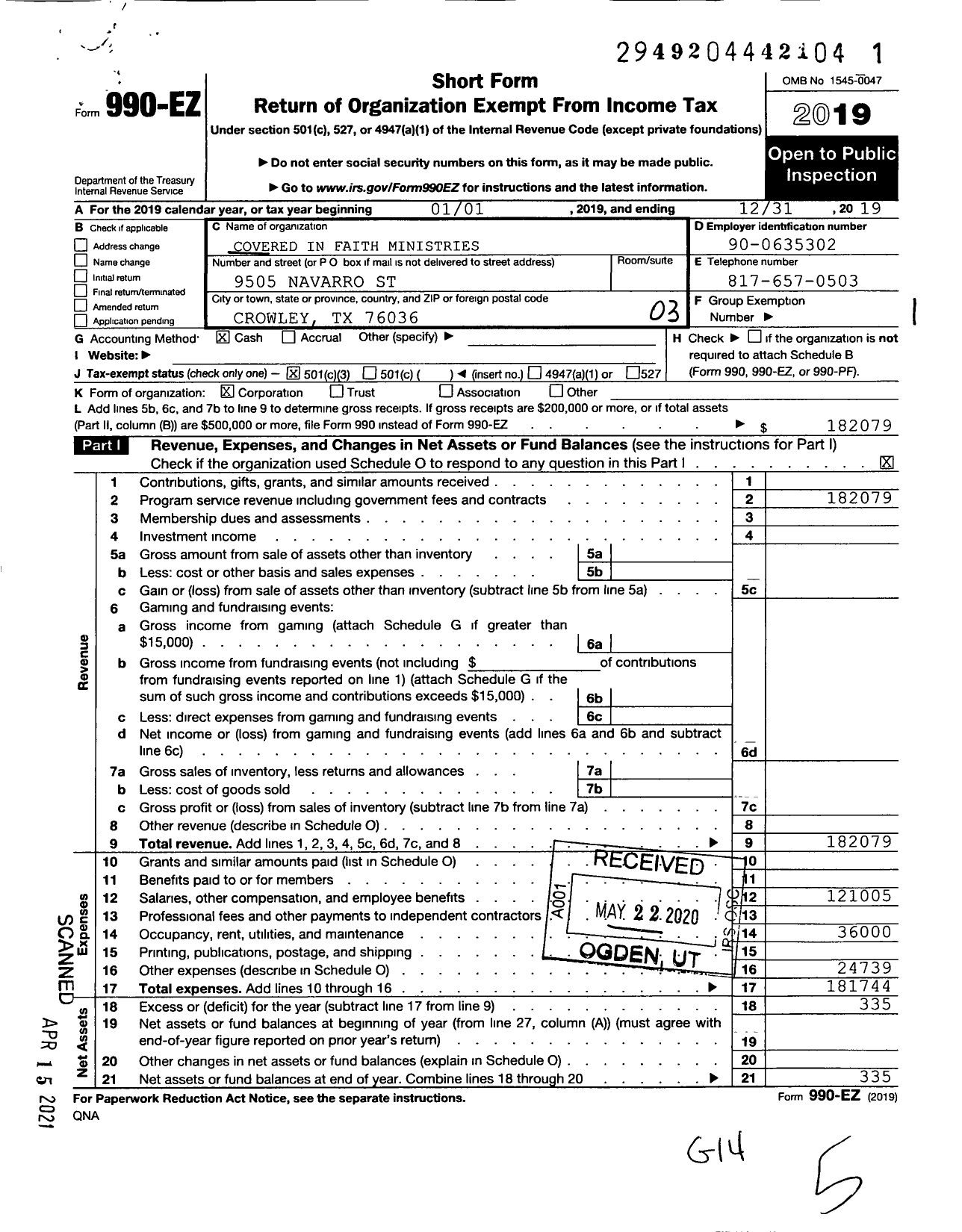 Image of first page of 2019 Form 990EZ for Covered in Faith Ministries