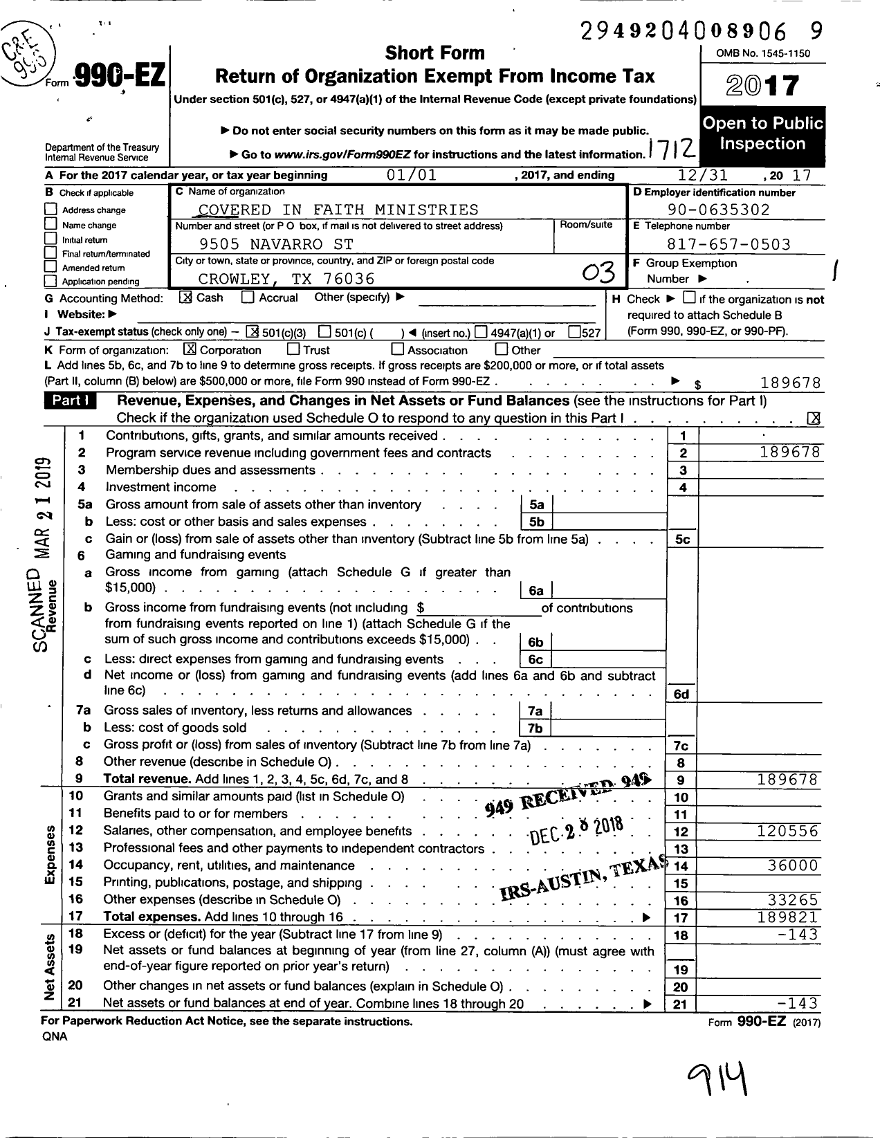 Image of first page of 2017 Form 990EZ for Covered in Faith Ministries