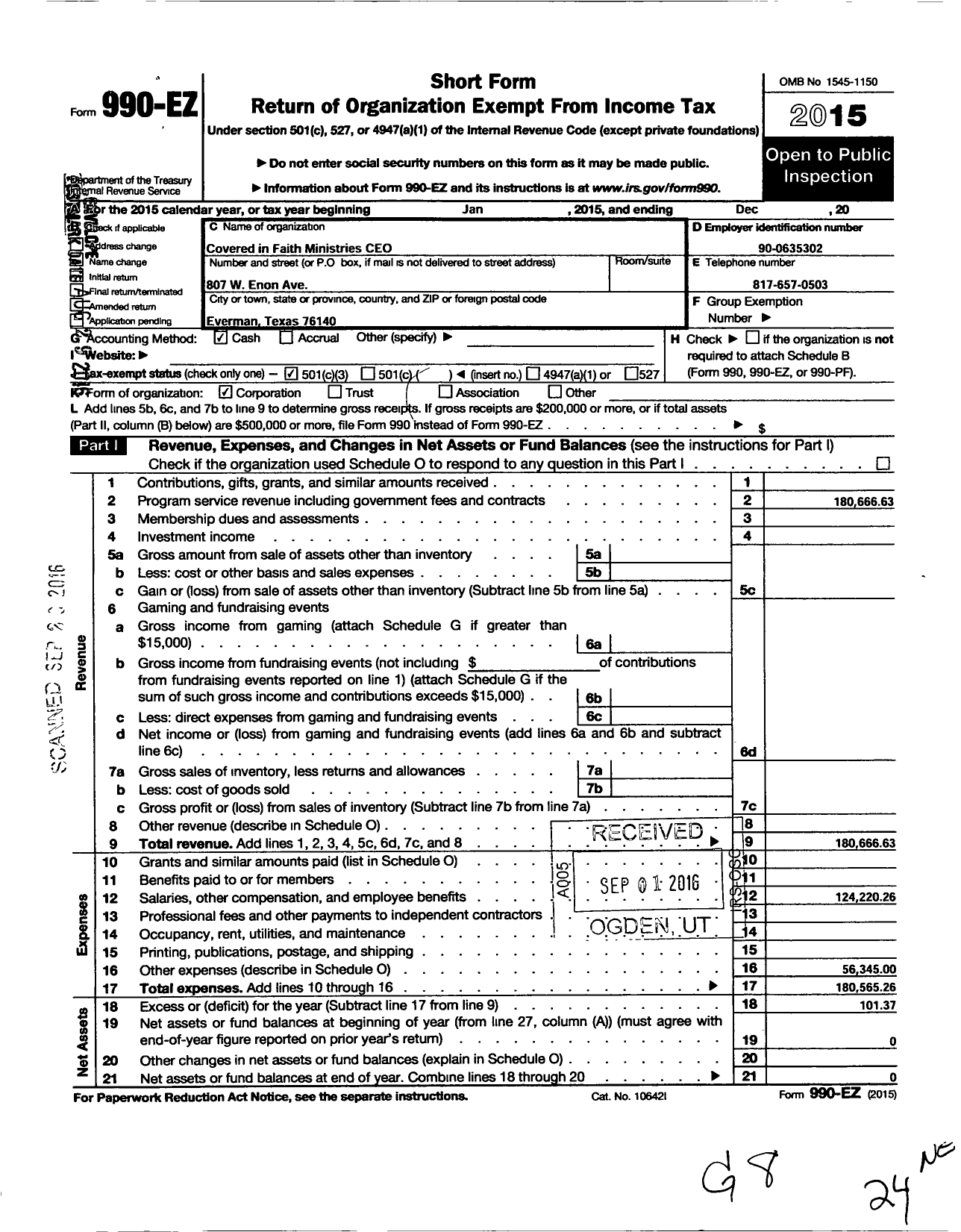 Image of first page of 2015 Form 990EZ for Covered in Faith Ministries