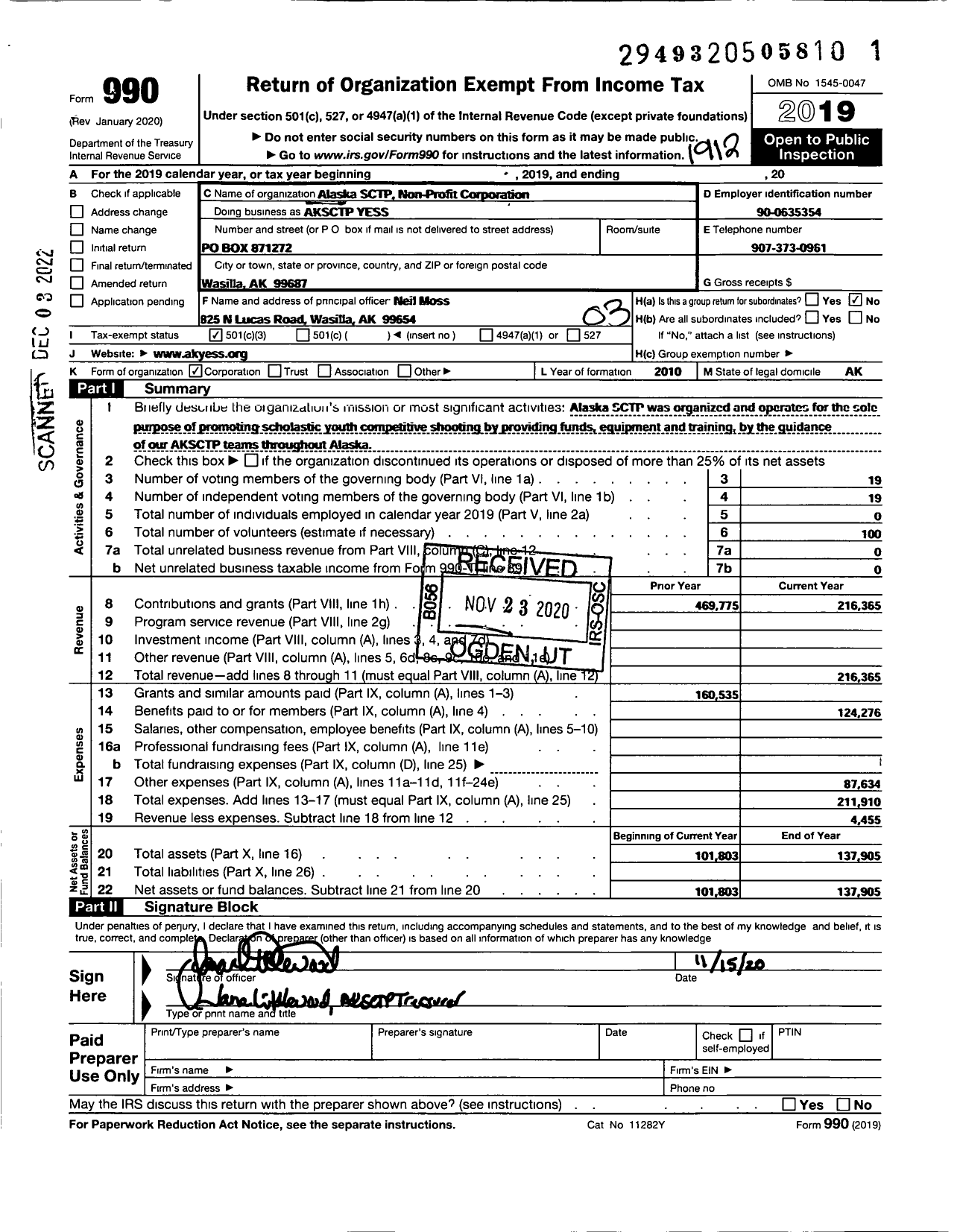 Image of first page of 2019 Form 990 for Alaska SCTP Non Profit Corporation Aksctp Yes