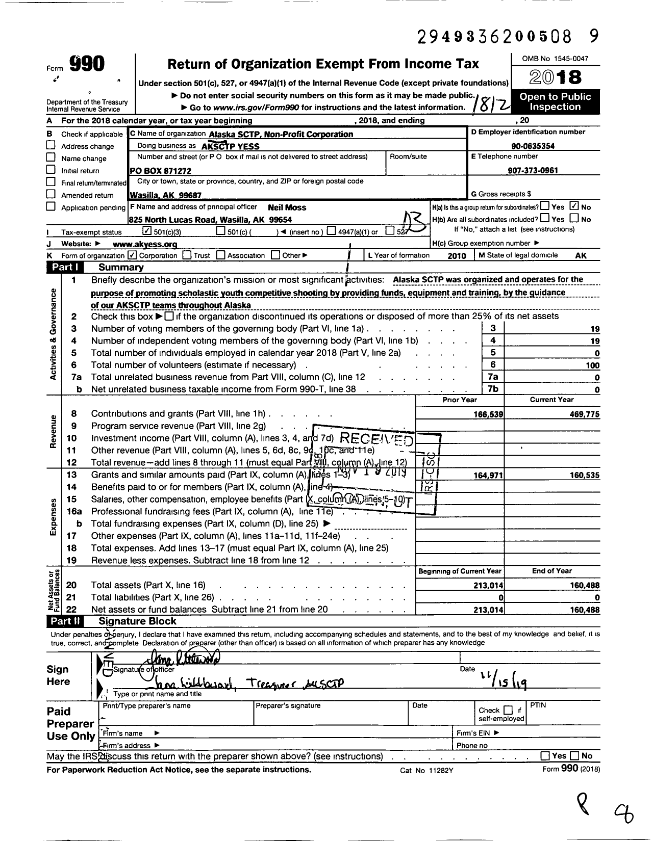 Image of first page of 2018 Form 990 for Alaska SCTP Non Profit Corporation Aksctp Yes