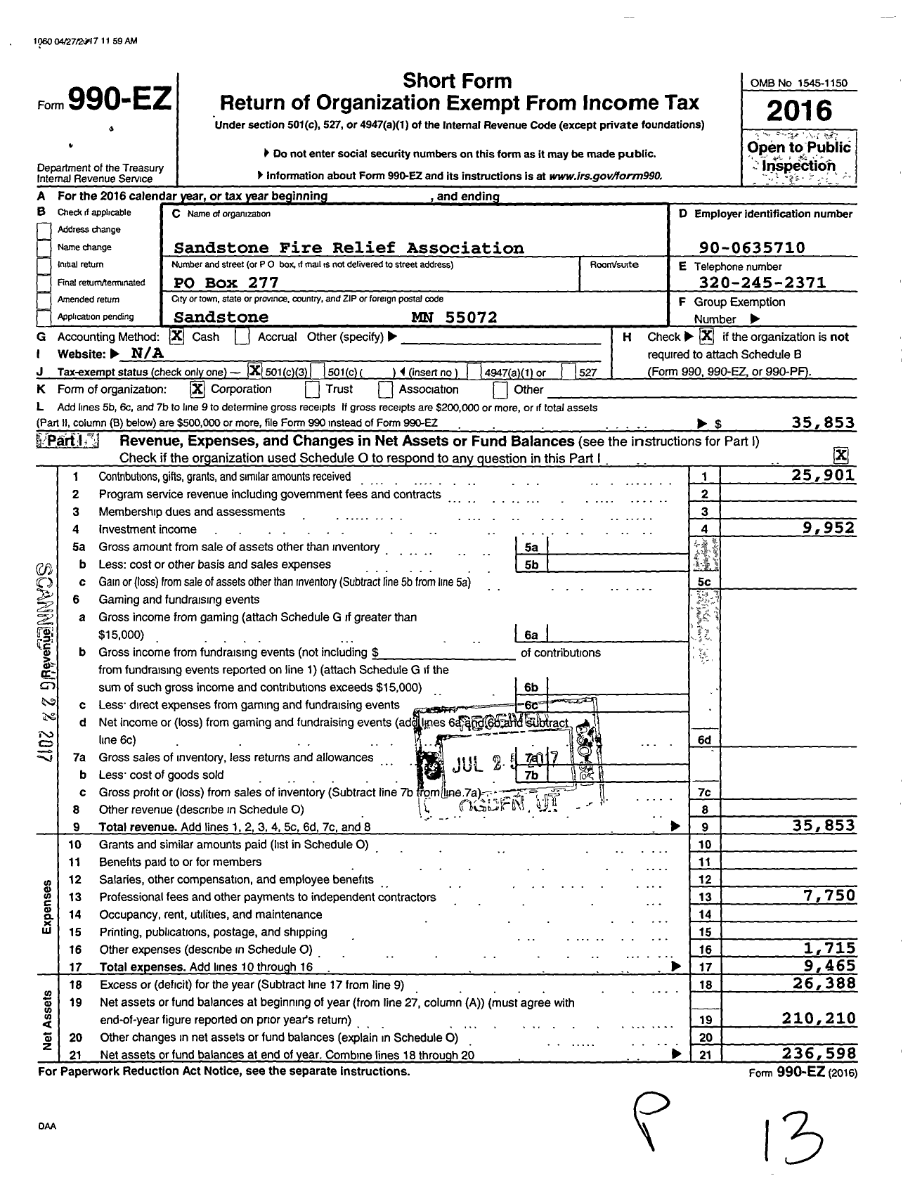 Image of first page of 2016 Form 990EZ for Sandstone Fire Relief Association