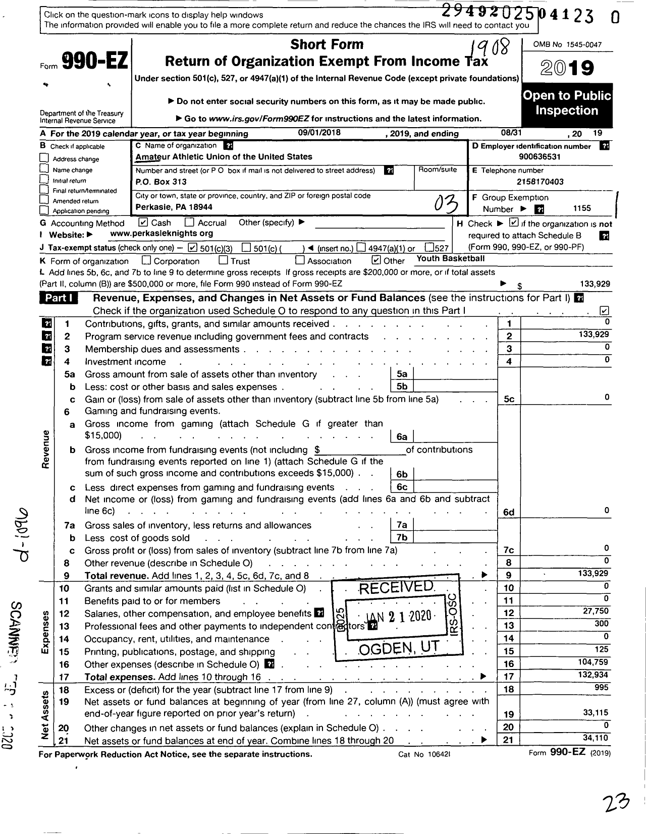 Image of first page of 2018 Form 990EZ for Amateur Athletic Union - Perkasie Knights