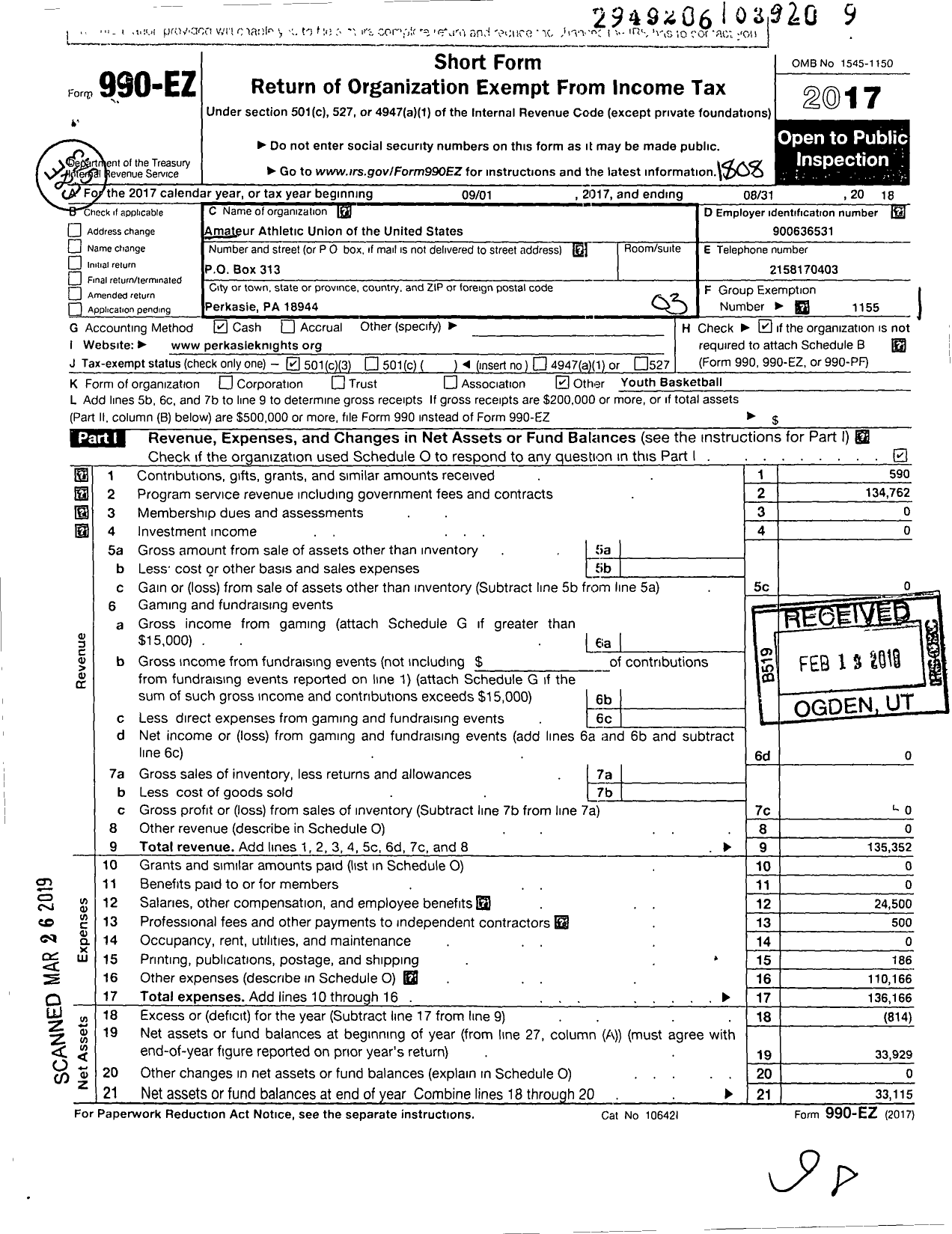 Image of first page of 2017 Form 990EZ for Amateur Athletic Union - Perkasie Knights