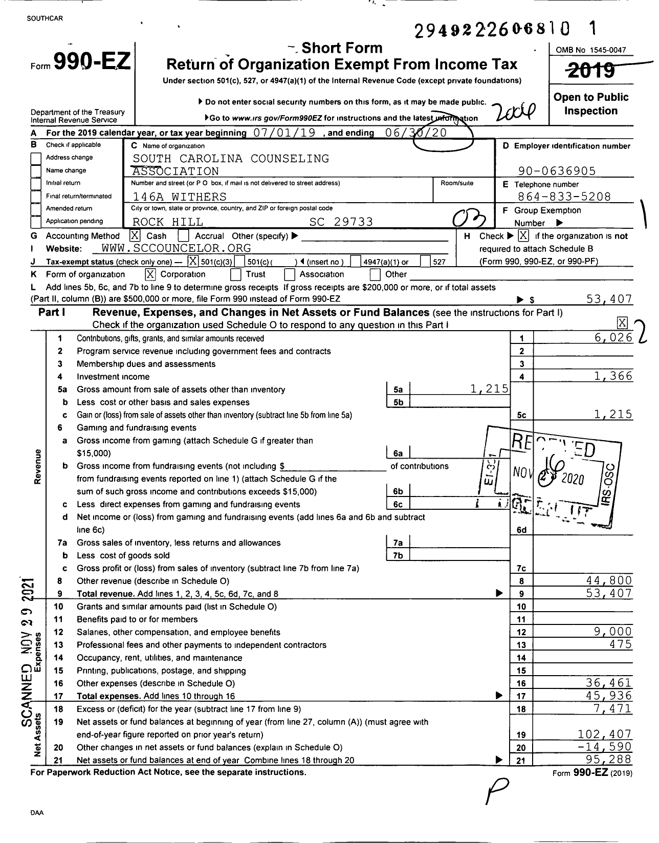 Image of first page of 2019 Form 990EZ for South Carolina Counseling Association