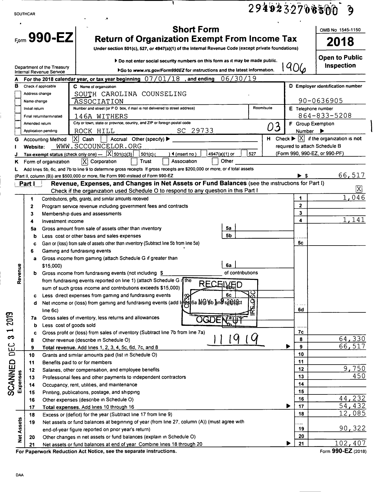 Image of first page of 2018 Form 990EZ for South Carolina Counseling Association