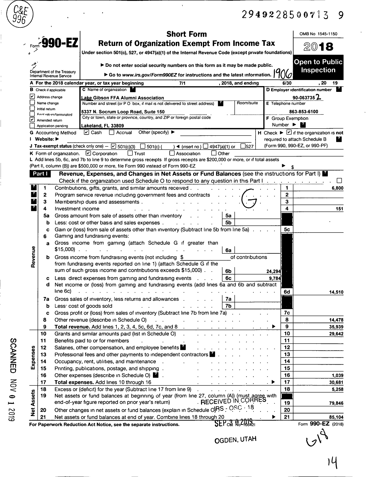 Image of first page of 2018 Form 990EZ for Lake Gibson Ffa Alumni Association