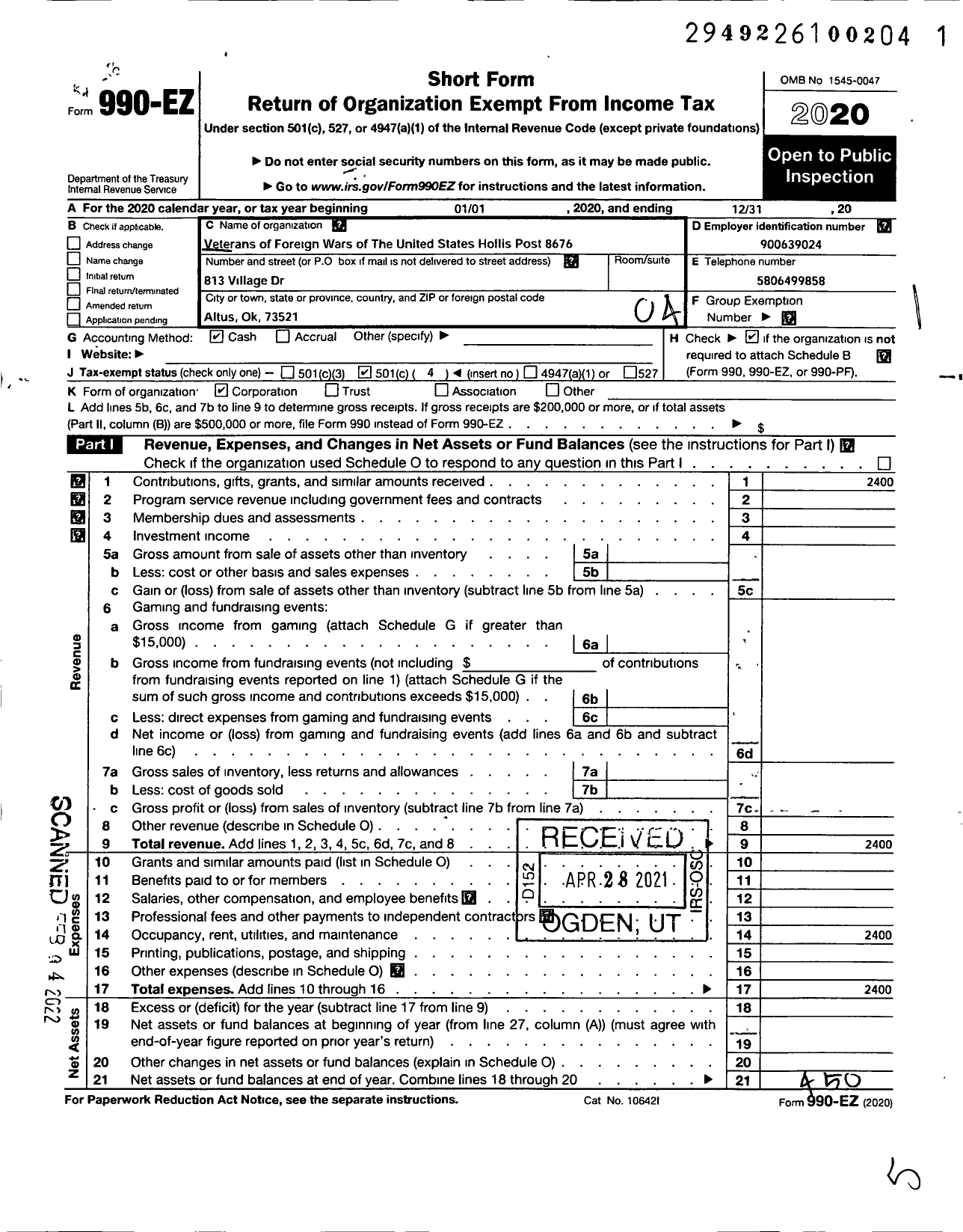 Image of first page of 2020 Form 990EO for Vetrans of Foreign Wars of the United States Hollis Post 8676