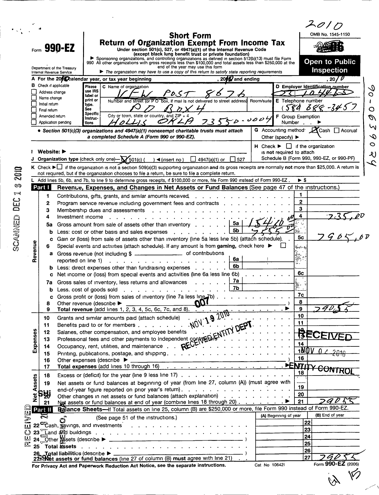 Image of first page of 2010 Form 990EO for Vetrans of Foreign Wars of the United States Hollis Post 8676