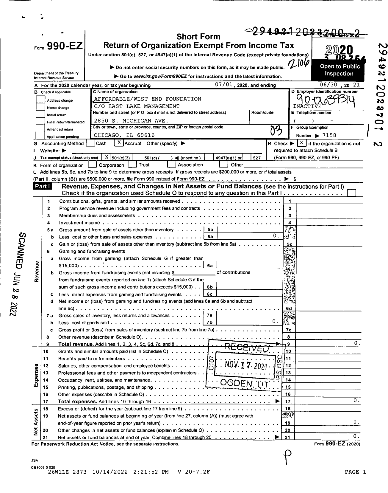 Image of first page of 2020 Form 990EZ for Affordablewest End Foundation