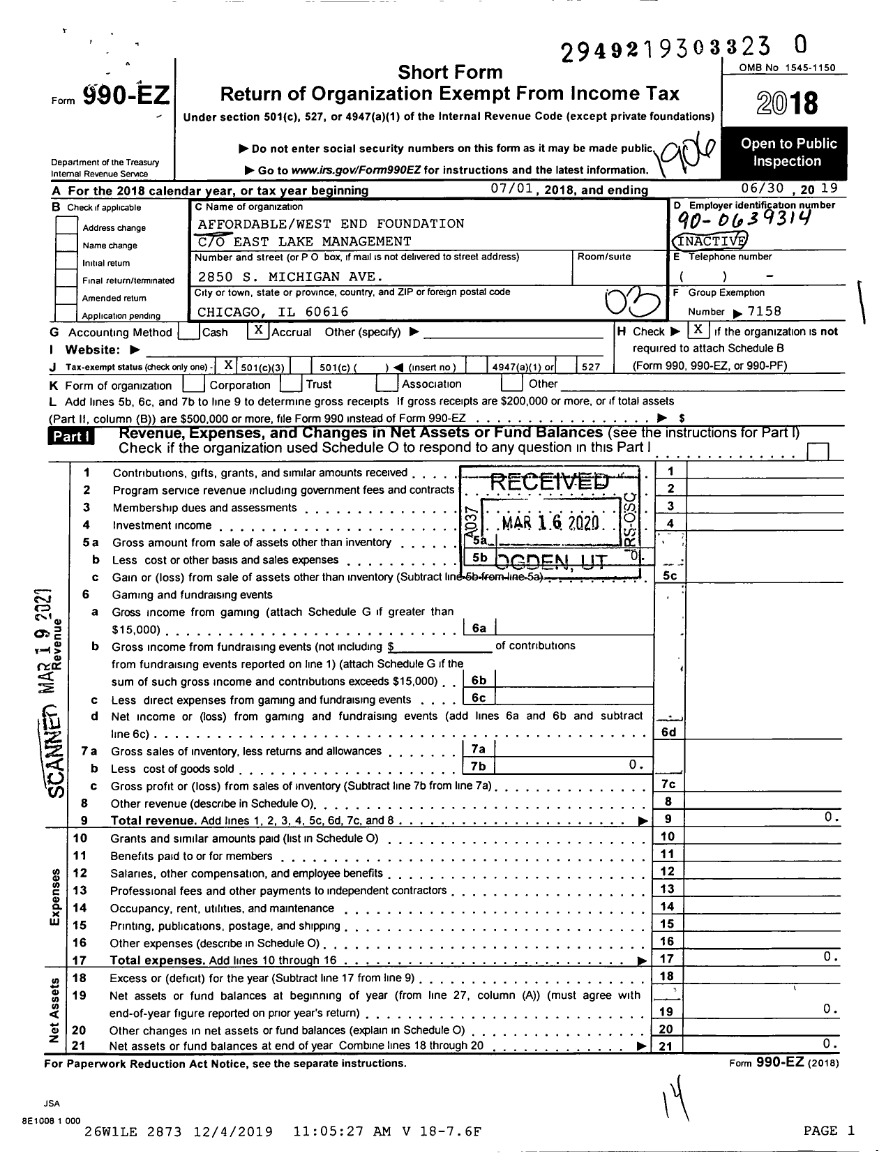 Image of first page of 2018 Form 990EZ for Affordablewest End Foundation