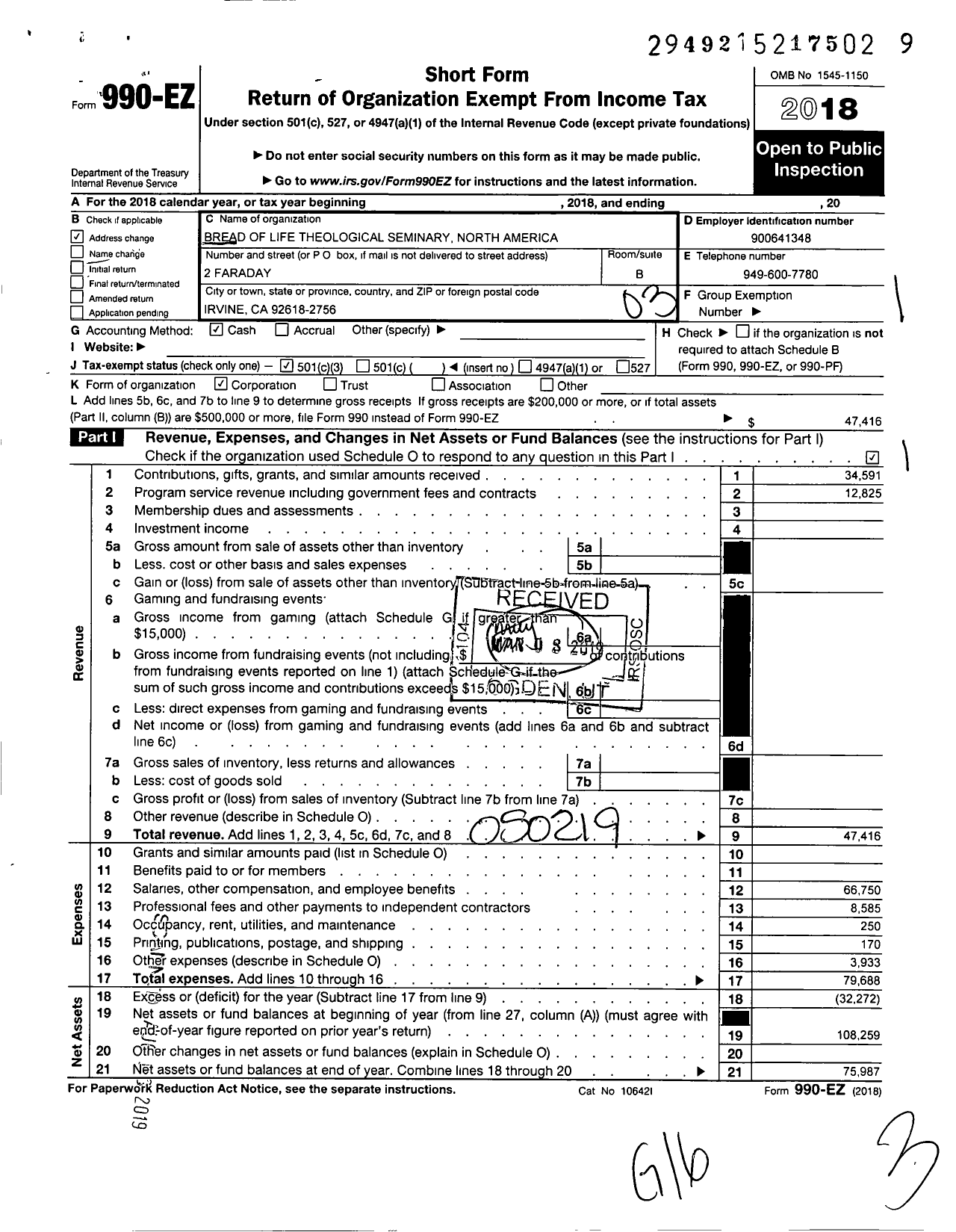 Image of first page of 2018 Form 990EZ for Bread of Life Theological Seminary North America