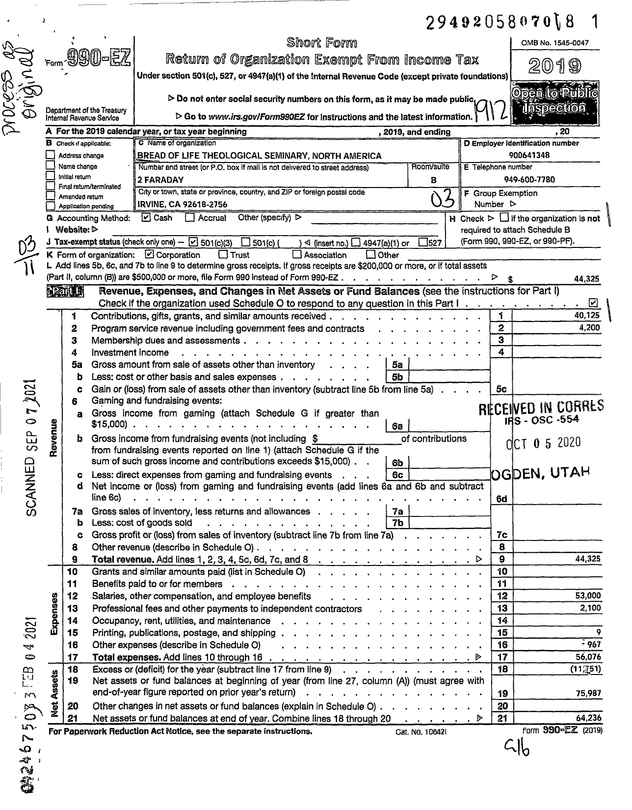 Image of first page of 2019 Form 990EZ for Bread of Life Theological Seminary North America