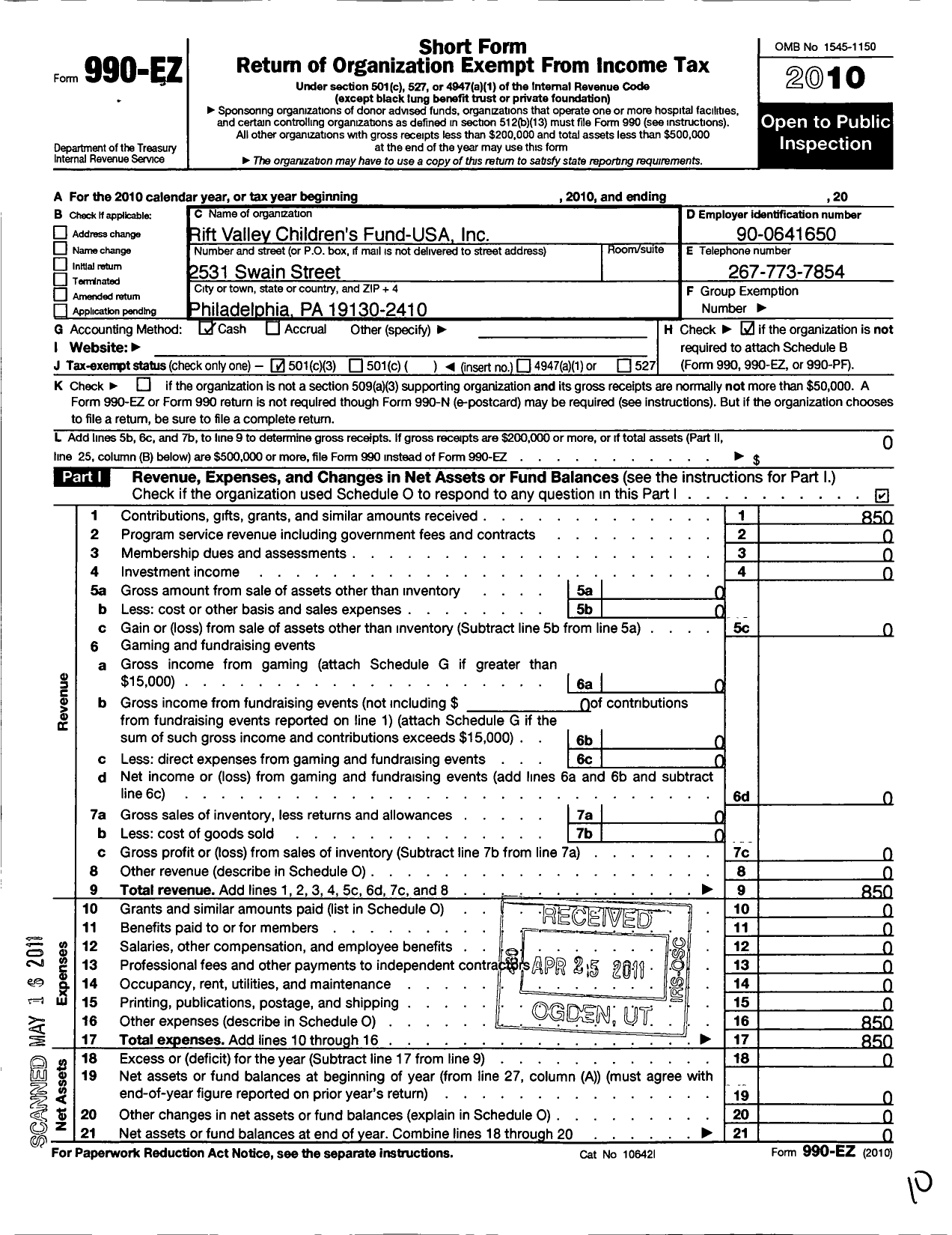 Image of first page of 2010 Form 990EZ for Rift Valley Childrens Fund-Usa