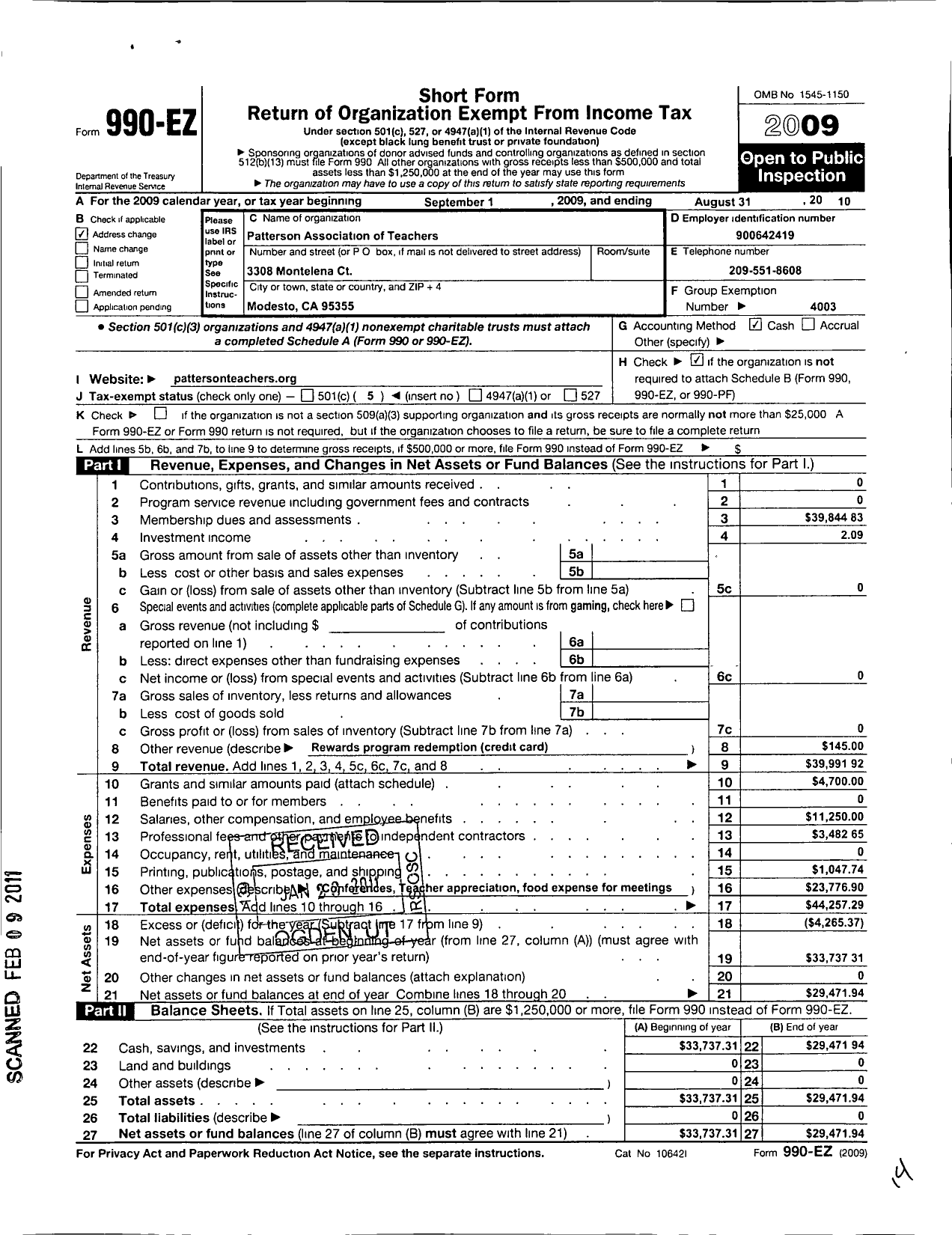 Image of first page of 2009 Form 990EO for California Teachers Association - Patterson Association of Teachers