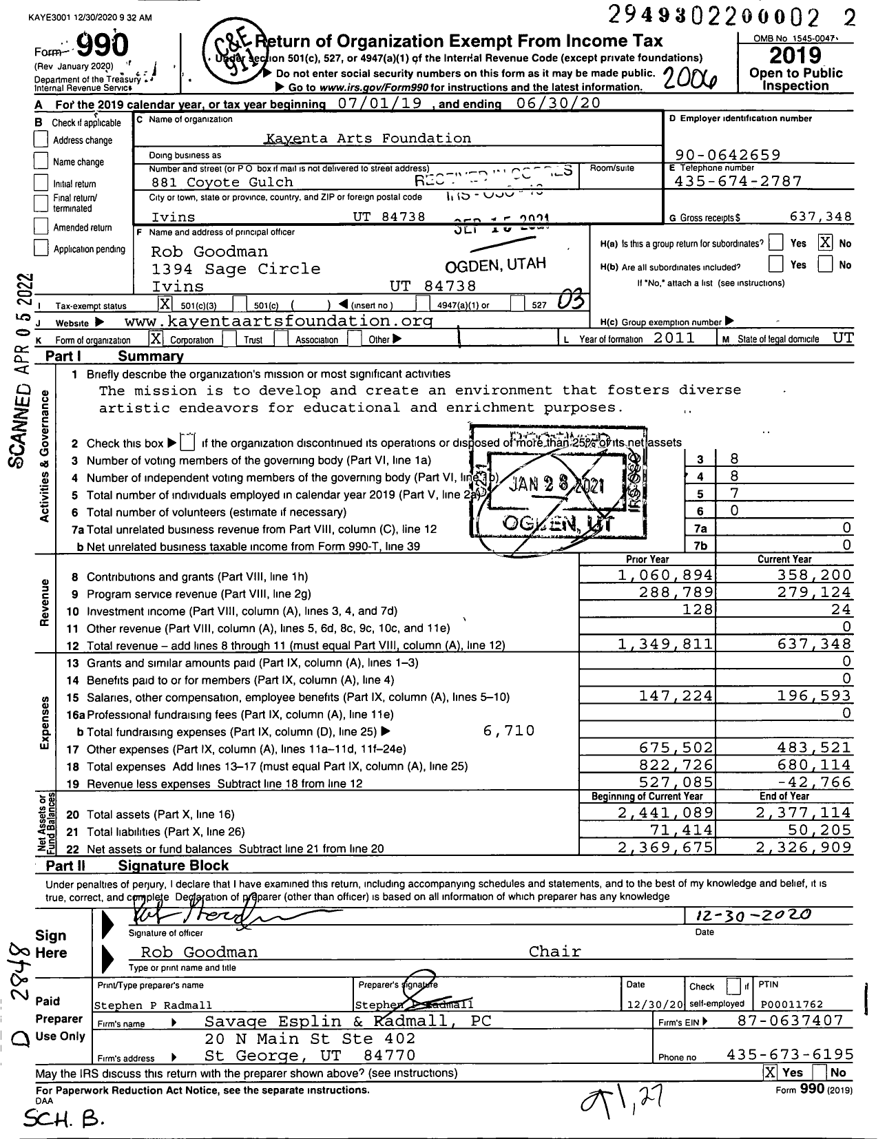 Image of first page of 2019 Form 990 for Kayenta Arts Foundation