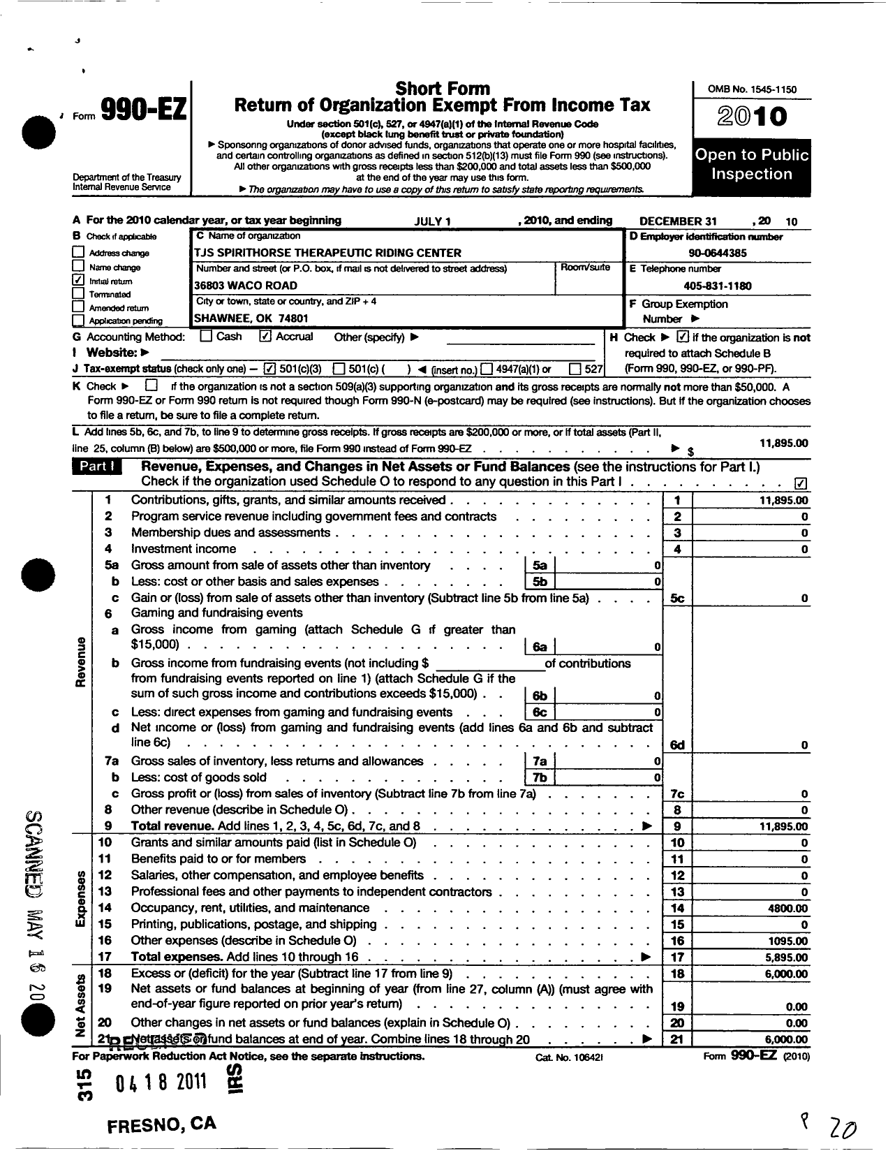 Image of first page of 2010 Form 990EZ for Spirithorse Therapeutic Riding Center / TJS Spirithorse