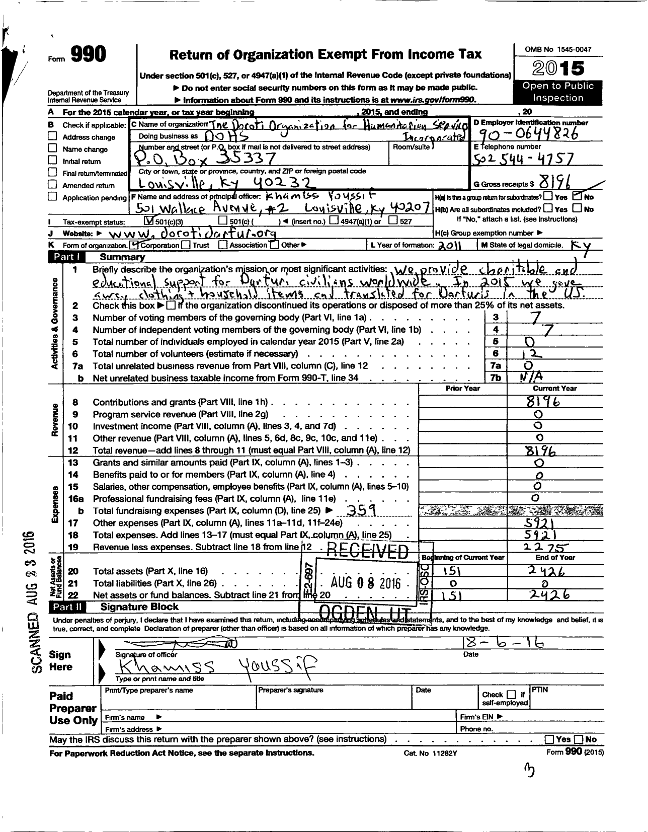 Image of first page of 2015 Form 990 for Doroti Organization for Humanitarian Services Incorporated