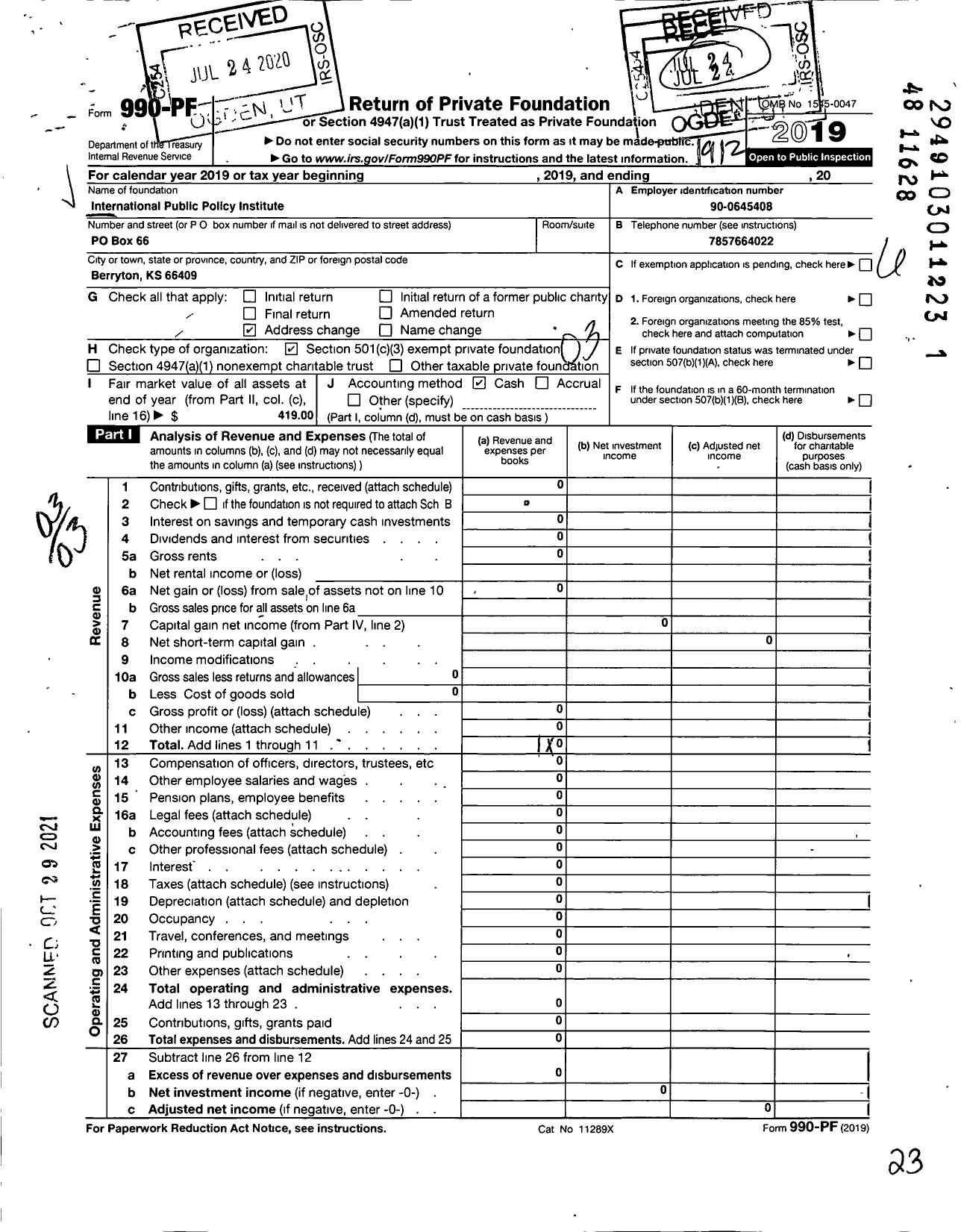 Image of first page of 2019 Form 990PF for International Public Policy Institute